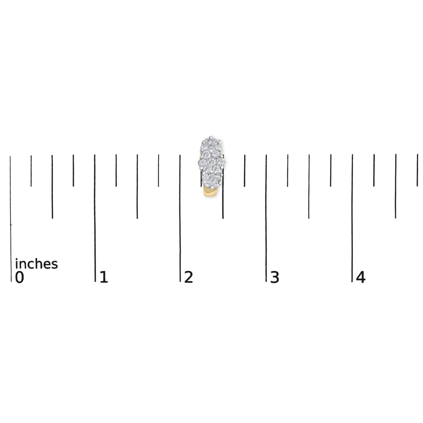 Close-up top view of a yellow metal earring with multiple round white gemstones in prong setting, displayed on a ruler for size reference.