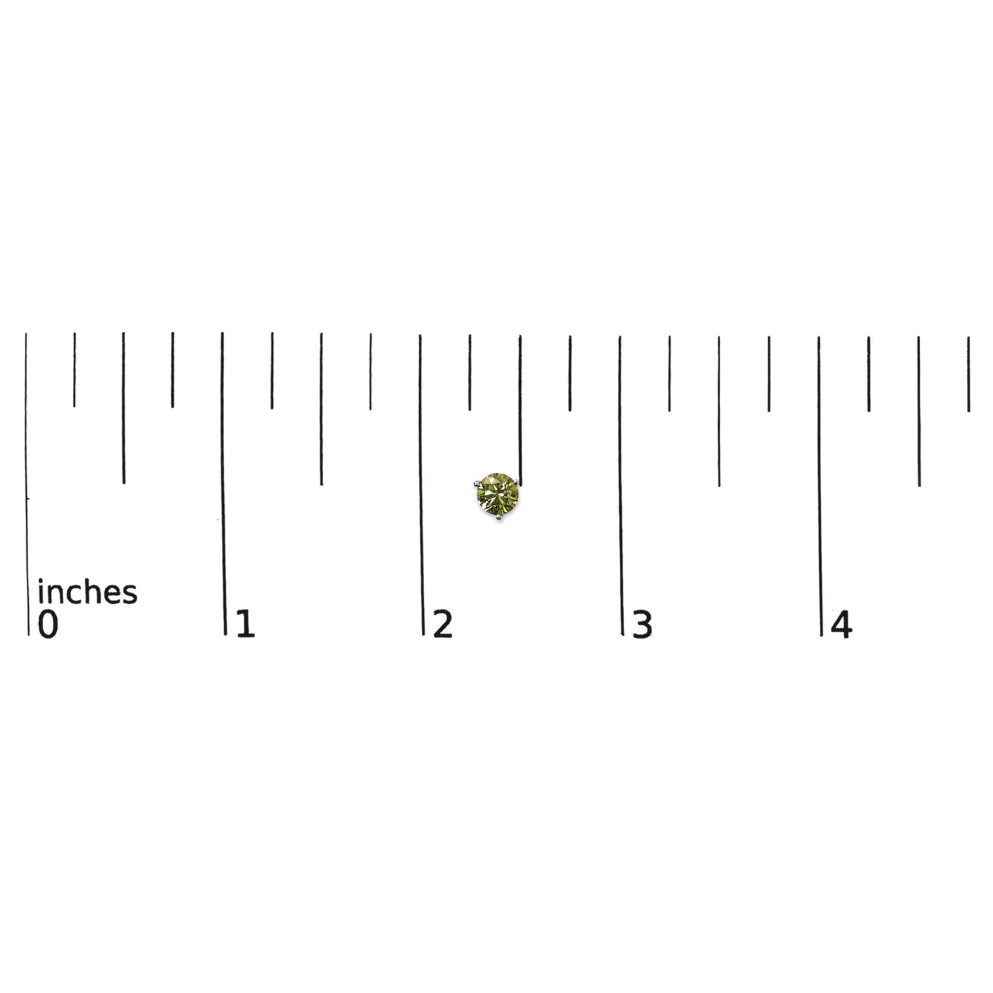 Close-up image of a single white metal earring with a round green gemstone in a three-prong setting, shown on a scale.