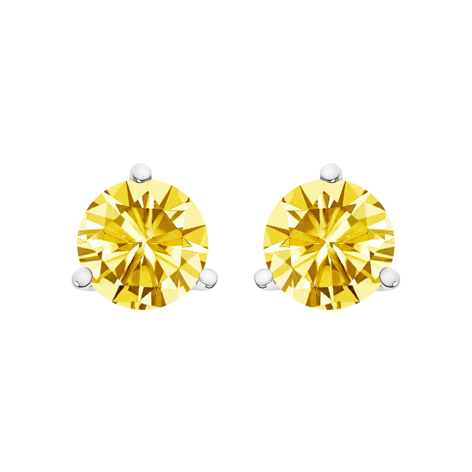 Front view of a pair of white metal stud earrings each with a round yellow gemstone set in a three-prong setting against a white background.