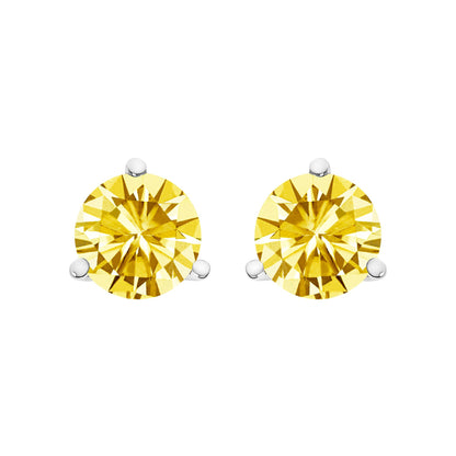 Front view of a pair of white metal stud earrings each with a round yellow gemstone set in a three-prong setting against a white background.