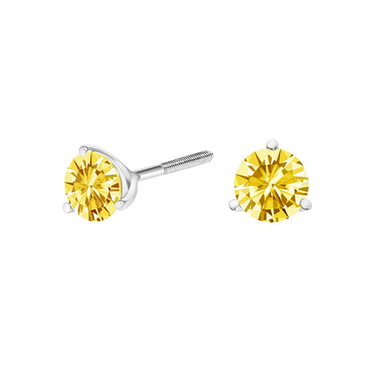 Pair of white metal stud earrings with round yellow gemstones in a 3-prong setting, shown at a slight angle on a white background.