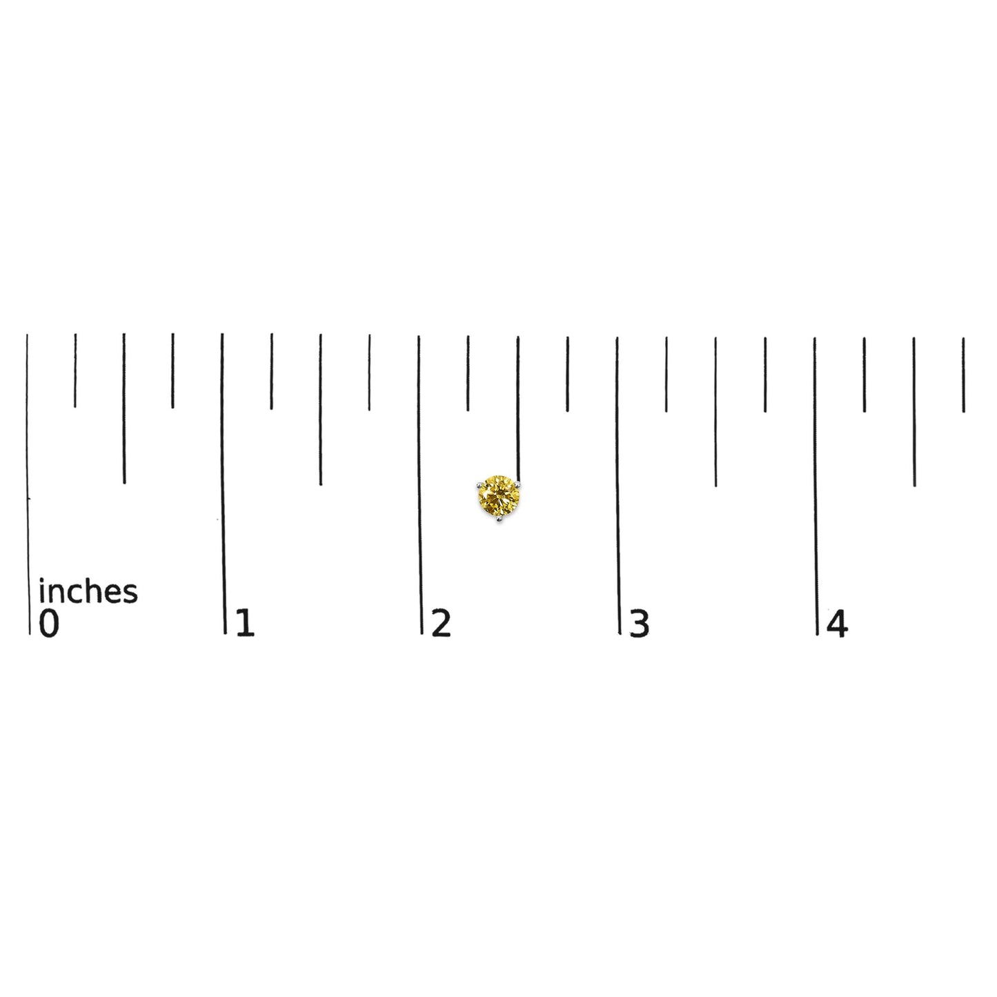 Single white earring with a round yellow gemstone in a 3-prong setting, shown on a scale with measurement markings, front angle.