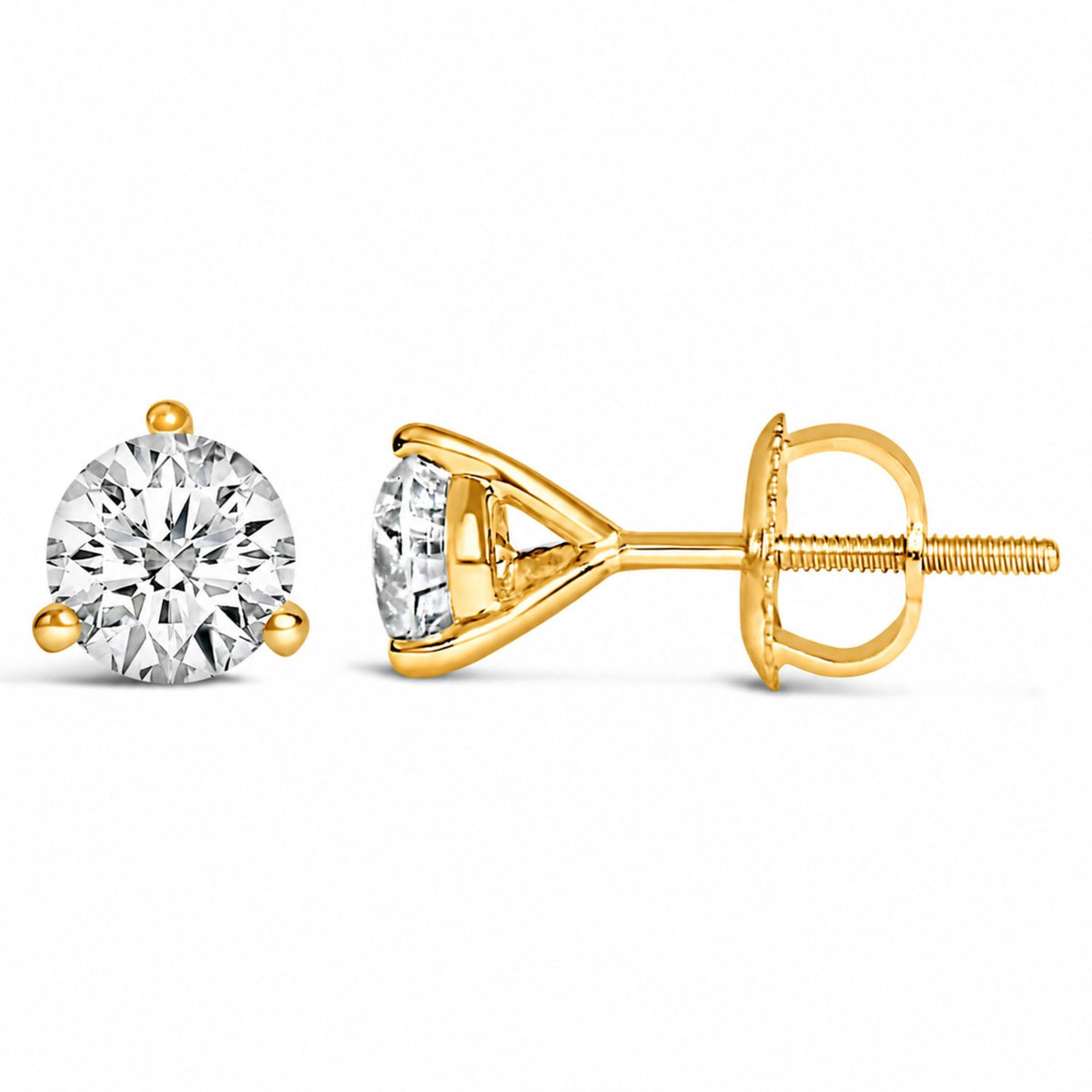Close-up image of one yellow metal stud earring with a round white gemstone in a 3-prong setting, shown from front and side angles on a white background.