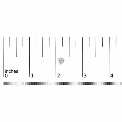 Single yellow metal stud earring with a round white gemstone in a 3-prong setting shown on a measurement scale, top view.