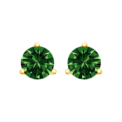 Pair of yellow metal stud earrings with round green gemstones in 3-prong settings, shown from the front angle on a white background.