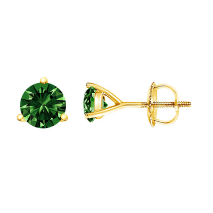 Yellow metal stud earrings with round green gemstones in a 3-prong setting, shown in a front and side view on a white background.