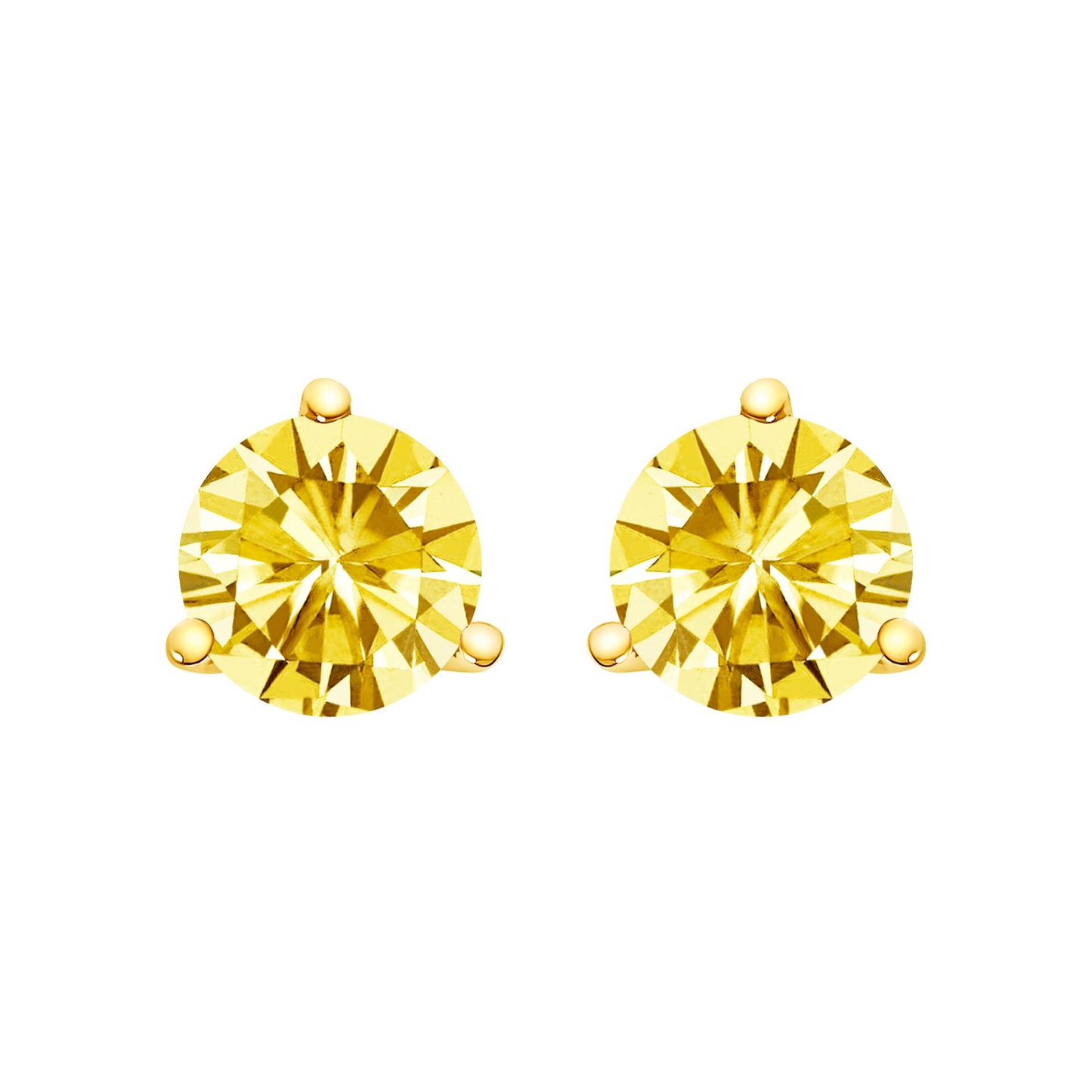 Pair of yellow metal stud earrings with round yellow gemstones in a 3-prong setting, shown from the front on a white background.