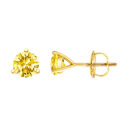 Close-up front and side views of a pair of yellow metal stud earrings with round yellow gemstones set in a 3-prong setting, shown on a white background.