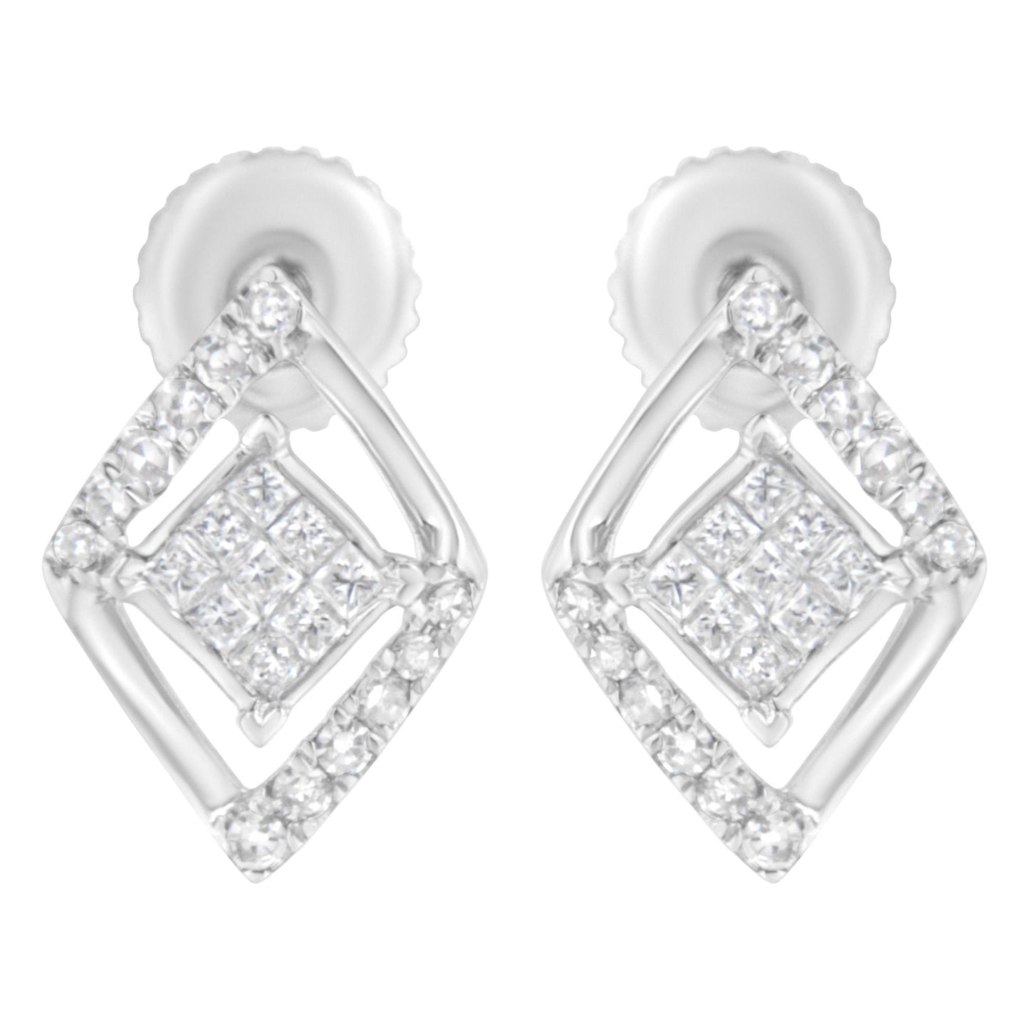 Close-up front view of white metal earrings featuring a geometric design with round prong-set white gemstones outlining a diamond shape and smaller princess-cut invisible-set white gemstones clustered in the center.