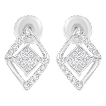 Close-up front view of white metal earrings featuring a geometric design with round prong-set white gemstones outlining a diamond shape and smaller princess-cut invisible-set white gemstones clustered in the center.