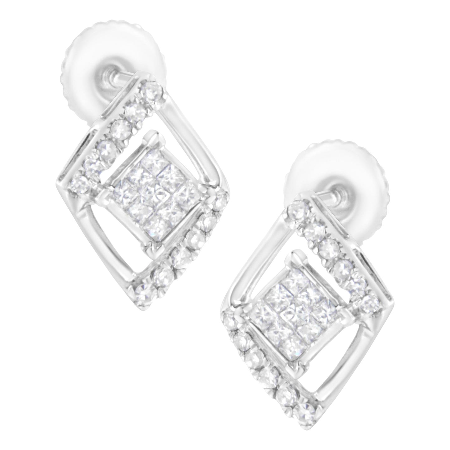 Pair of white metal stud earrings with a square design, featuring round white gemstones in prong settings around the edges and princess-shaped white gemstones in invisible settings in the center, shown at a slight angle.