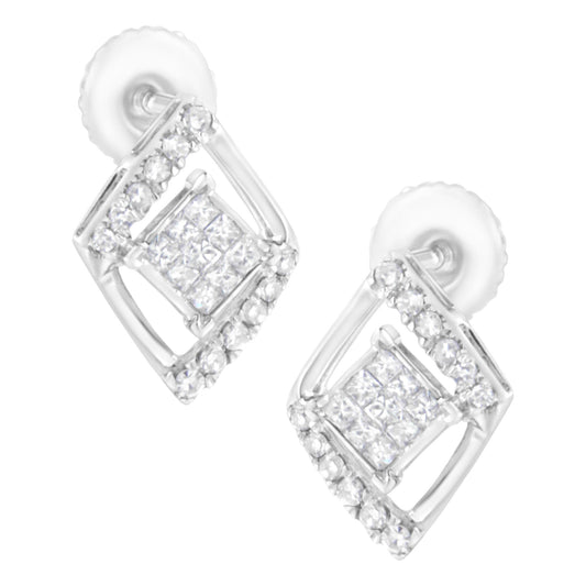 Pair of white metal stud earrings with a square design, featuring round white gemstones in prong settings around the edges and princess-shaped white gemstones in invisible settings in the center, shown at a slight angle.