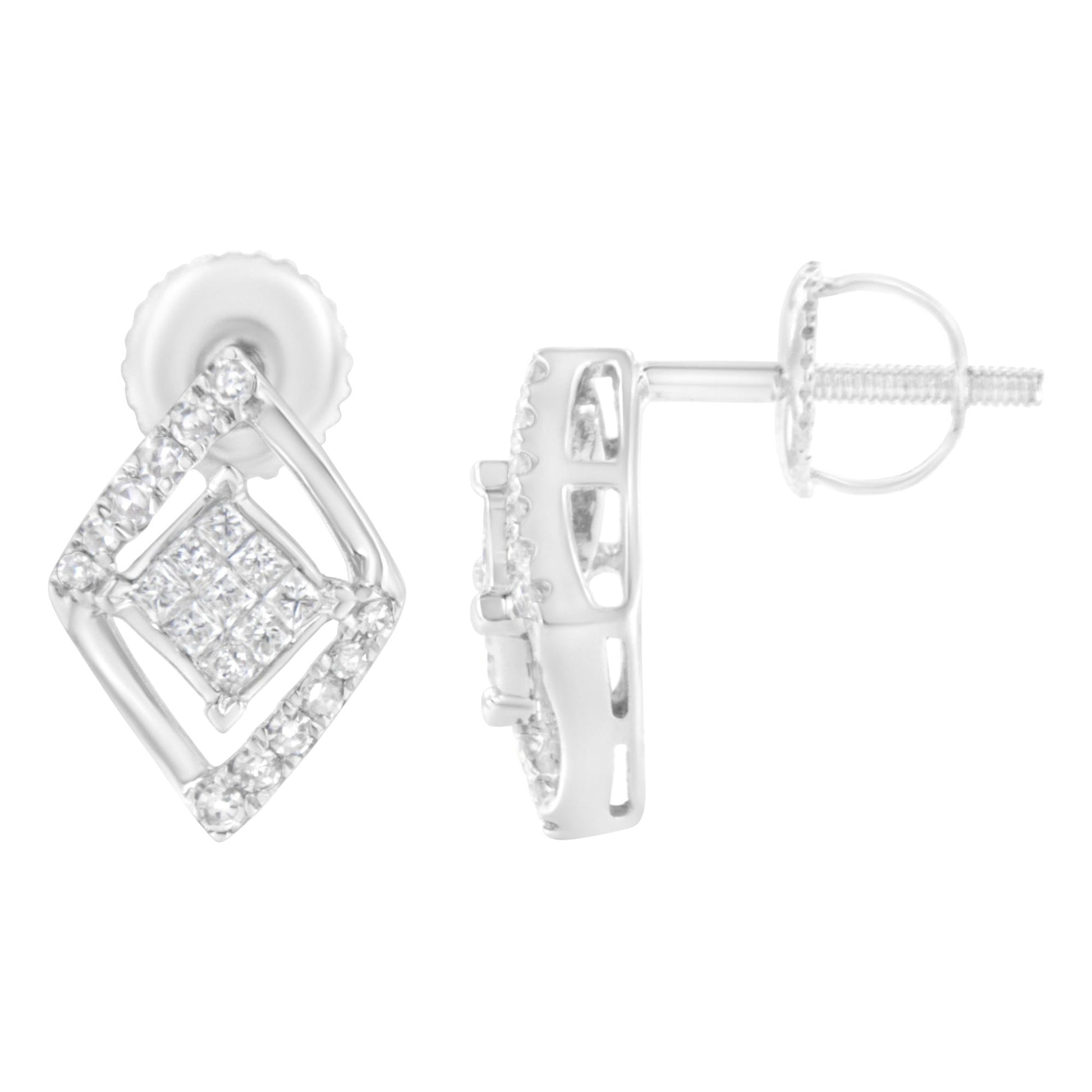 Pair of white metal earrings with a diamond-shaped open frame set with round white gemstones in prong settings and a center cluster of princess-shaped white gemstones in invisible settings, shown from front and side angles.