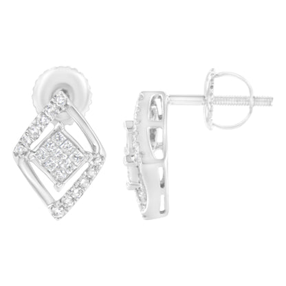 Pair of white metal earrings with a diamond-shaped open frame set with round white gemstones in prong settings and a center cluster of princess-shaped white gemstones in invisible settings, shown from front and side angles.
