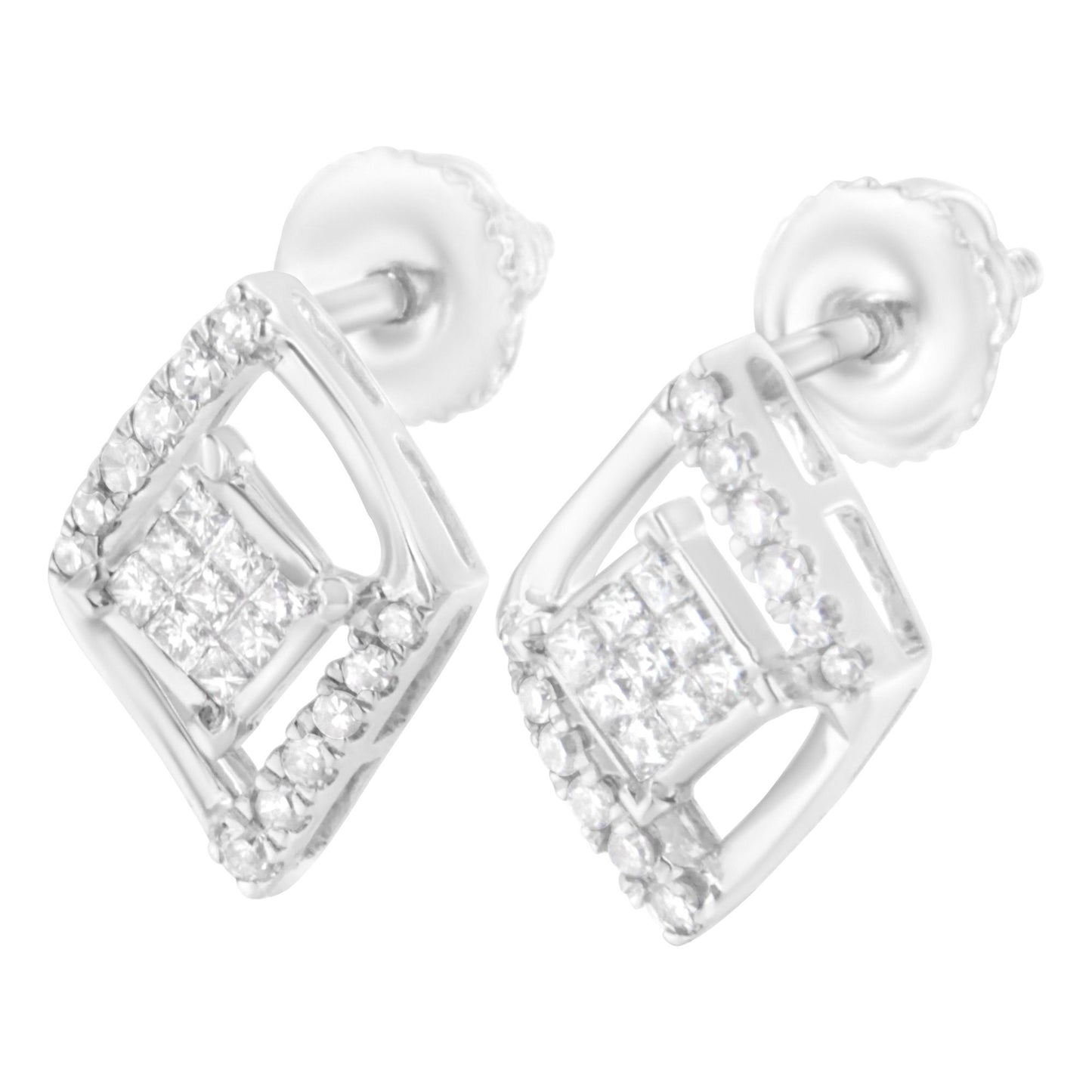 Close-up angled shot of a pair of white metal earrings featuring round prong-set white gemstones and princess-shaped invisible-set white gemstones arranged in a geometric design.