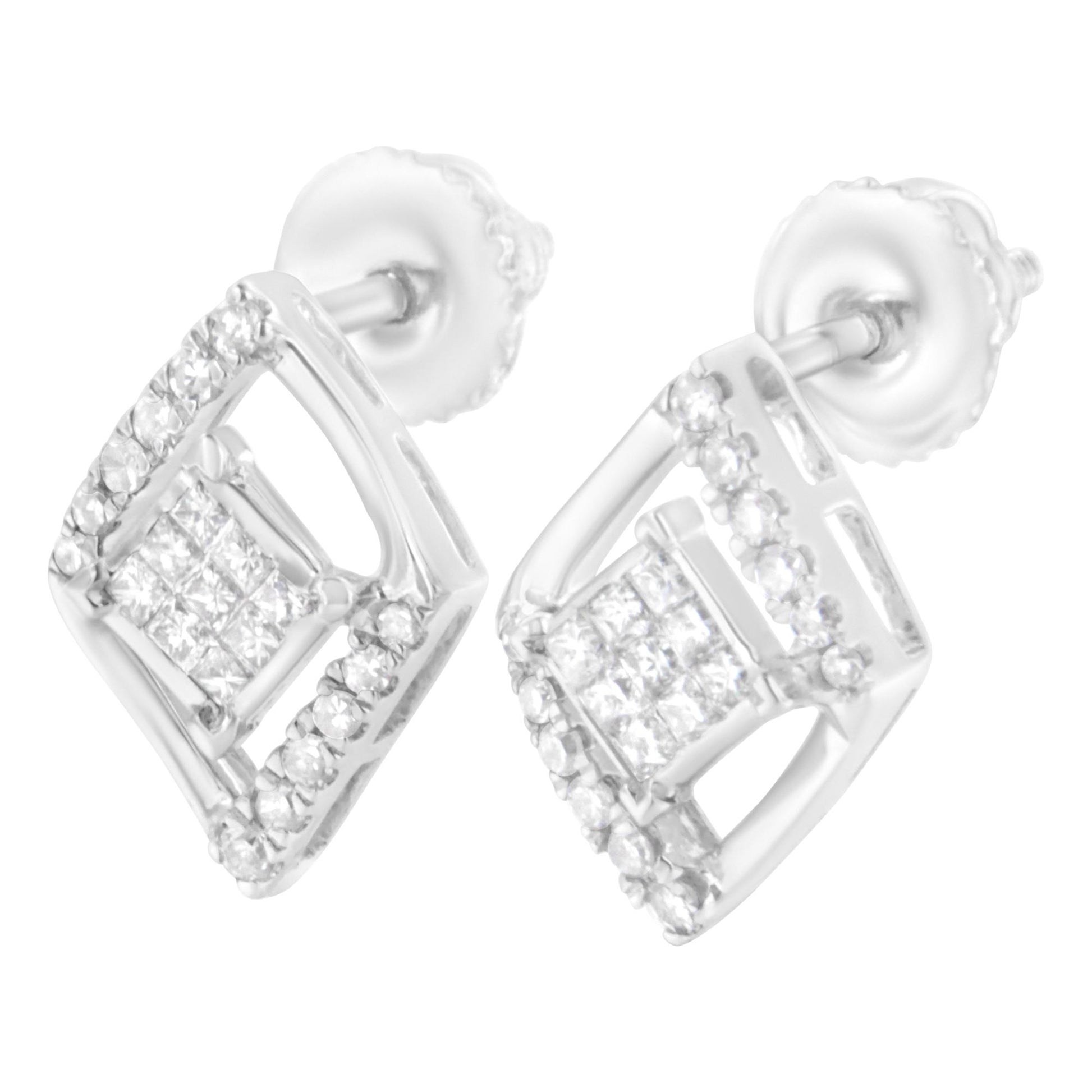 Close-up angled shot of a pair of white metal earrings featuring round prong-set white gemstones and princess-shaped invisible-set white gemstones arranged in a geometric design.