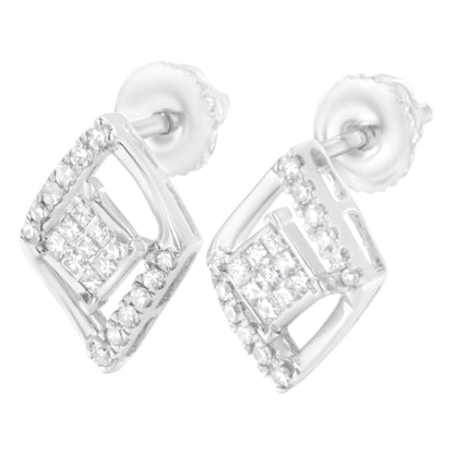 Close-up angled shot of a pair of white metal earrings featuring round prong-set white gemstones and princess-shaped invisible-set white gemstones arranged in a geometric design.