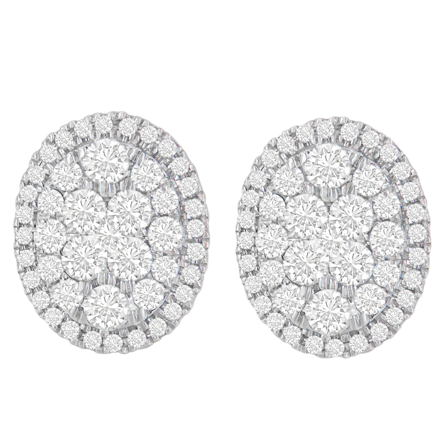 Front-facing view of yellow metal oval earrings with numerous round white gemstones set in a cluster and halo design.