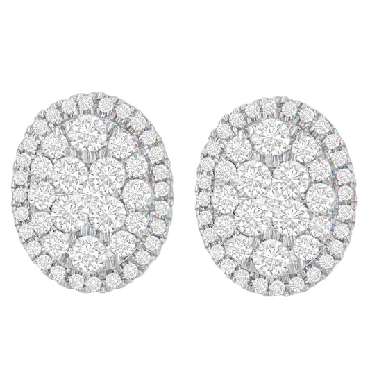 Front-facing view of yellow metal oval earrings with numerous round white gemstones set in a cluster and halo design.
