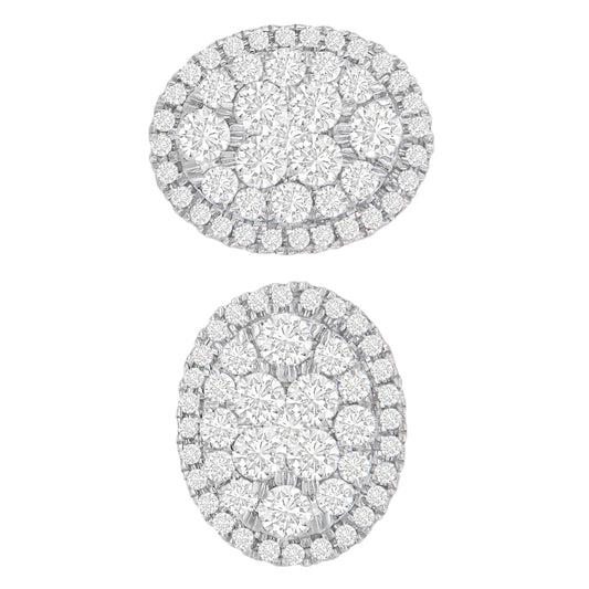 Top-down view of a pair of yellow metal oval earrings, each featuring multiple round white gemstones in prong settings arranged in a clustered pattern surrounded by a double halo of smaller round white gemstones.