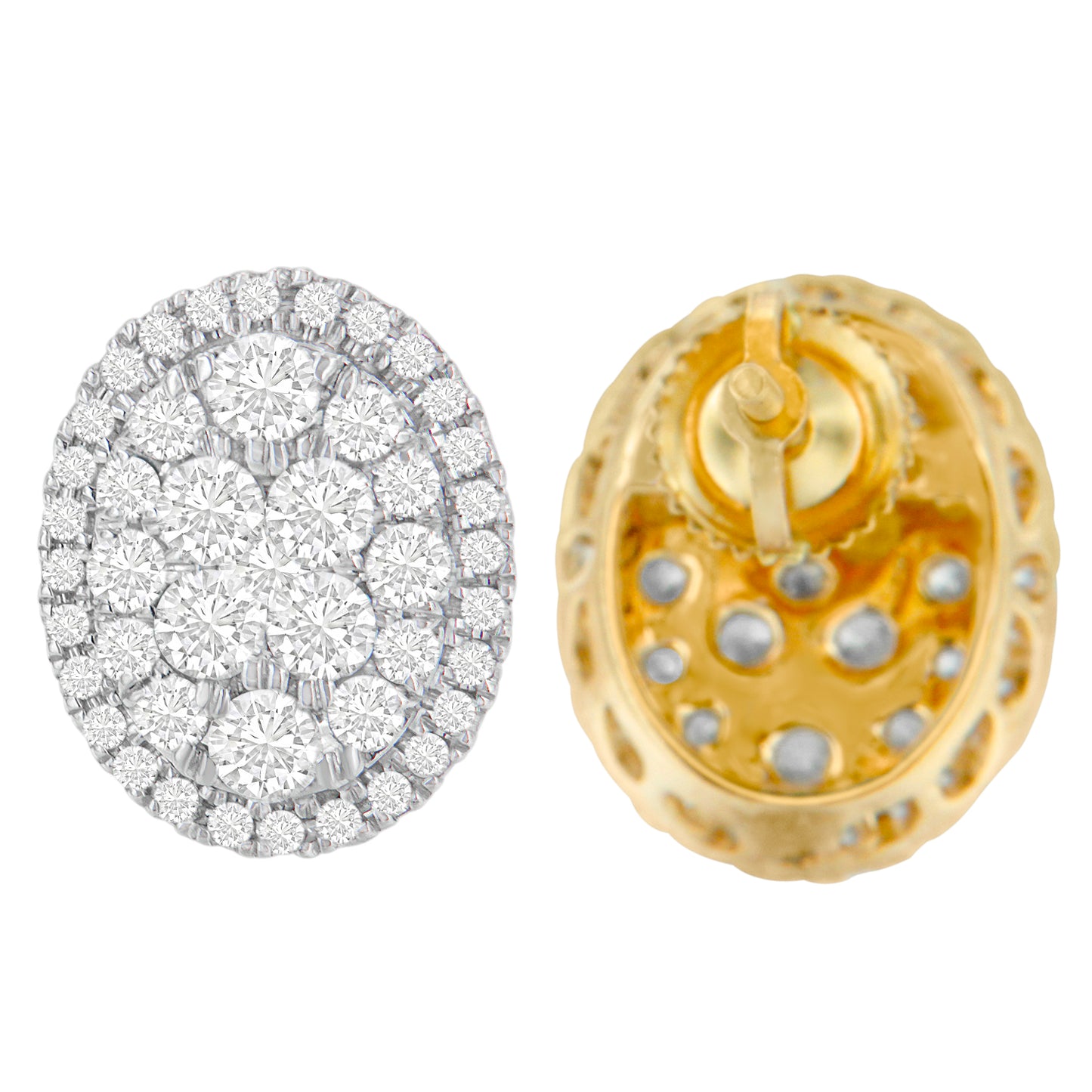 Close-up front and back view of yellow metal oval earrings with prong-set round white gemstones.