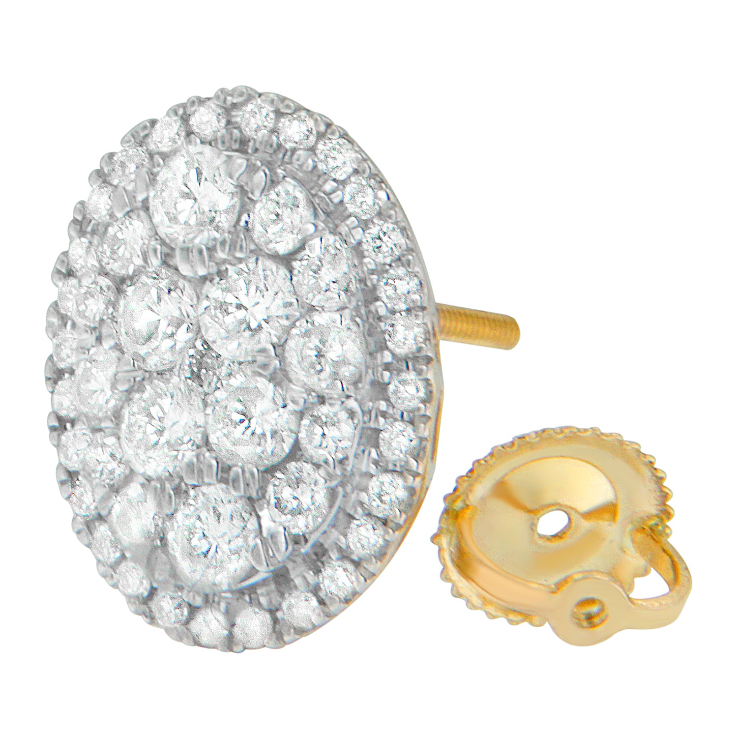 Close-up angled view of a yellow metal round stud earring with multiple prong-set white gemstones and a yellow metal butterfly backing beside it.