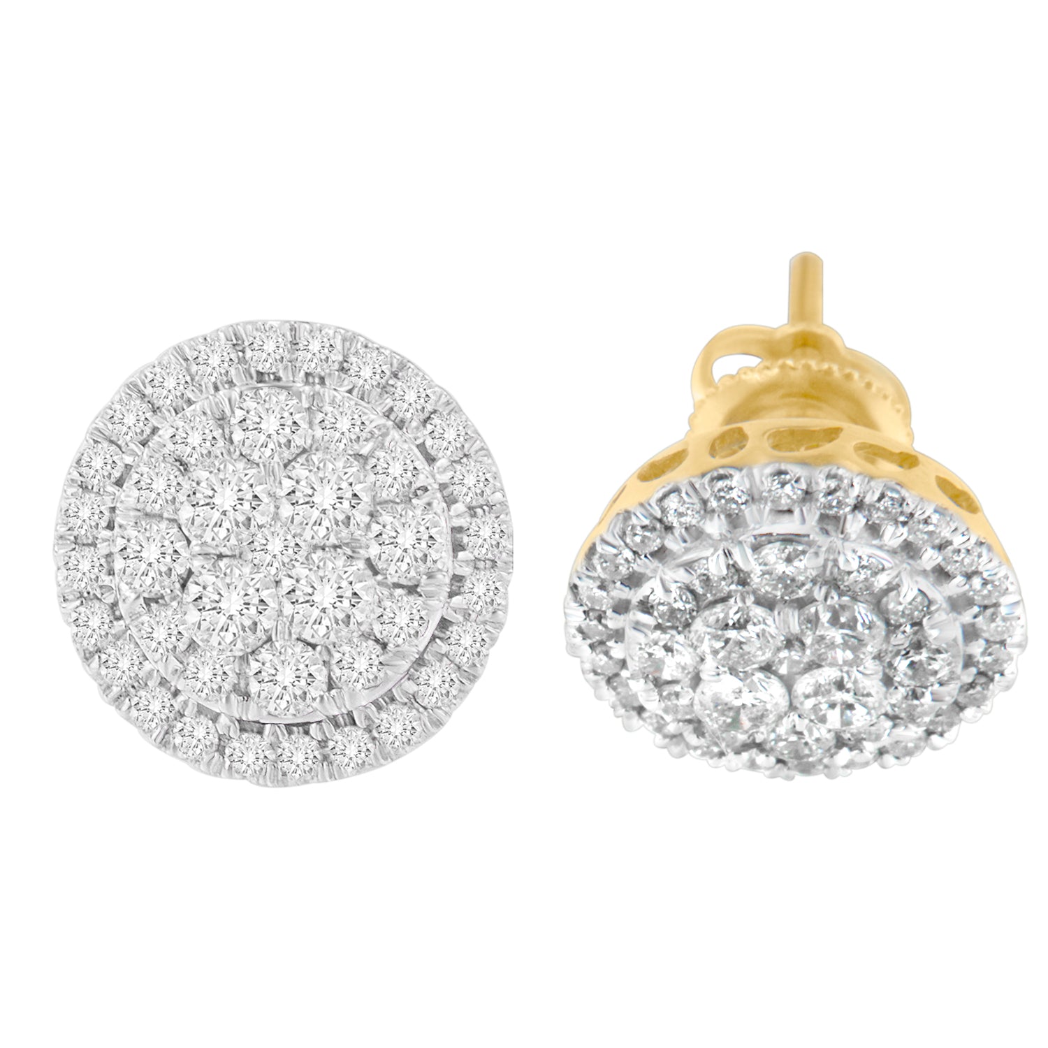 Pair of yellow metal round earrings with multiple white gemstones in prong settings, shown from front and side angles.