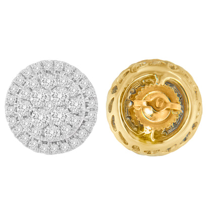Front and back view of round yellow metal earrings with prong-set white gemstones arranged in a circular pattern.