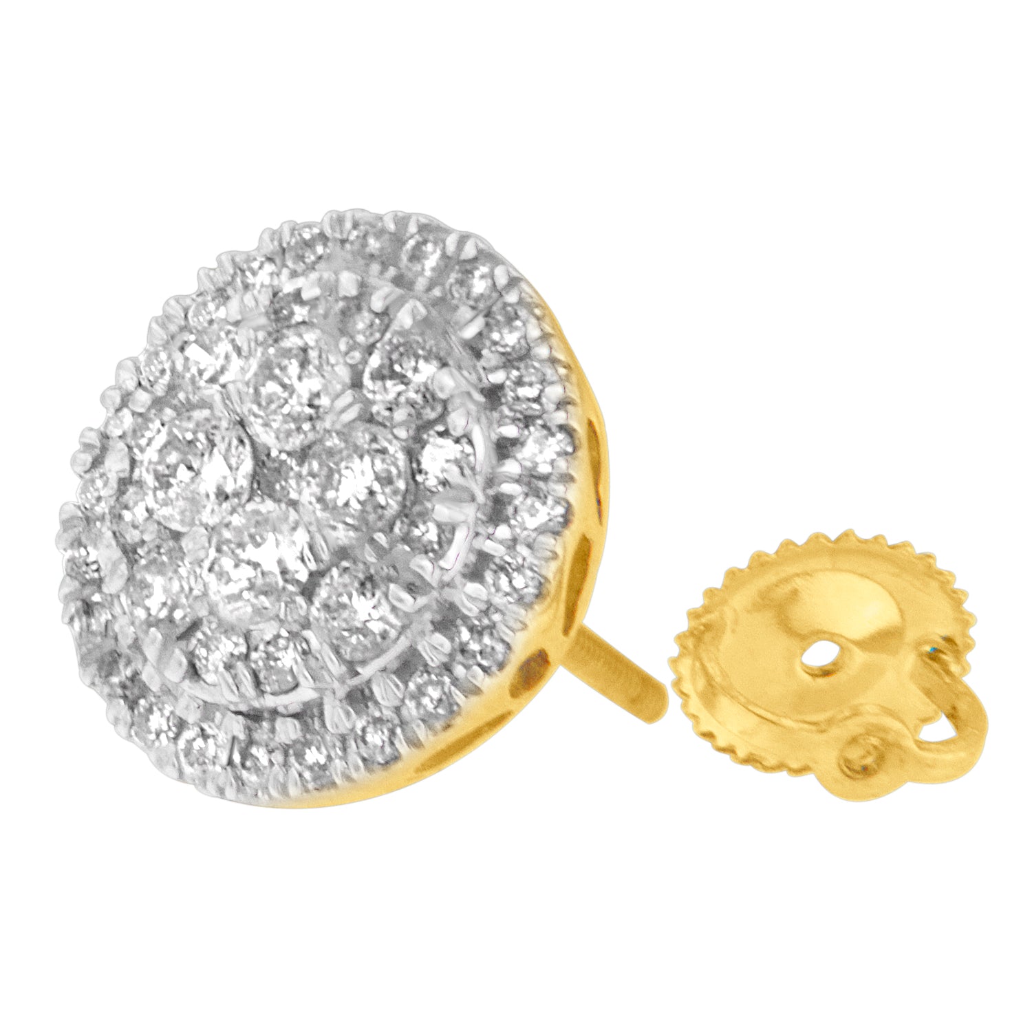 Close-up angle of a round yellow metal stud earring with multiple white gemstones in a prong setting and a separate yellow metal earring back.