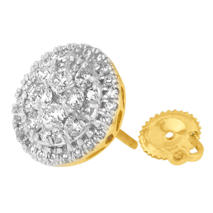 Close-up angle of a round yellow metal stud earring with multiple white gemstones in a prong setting and a separate yellow metal earring back.