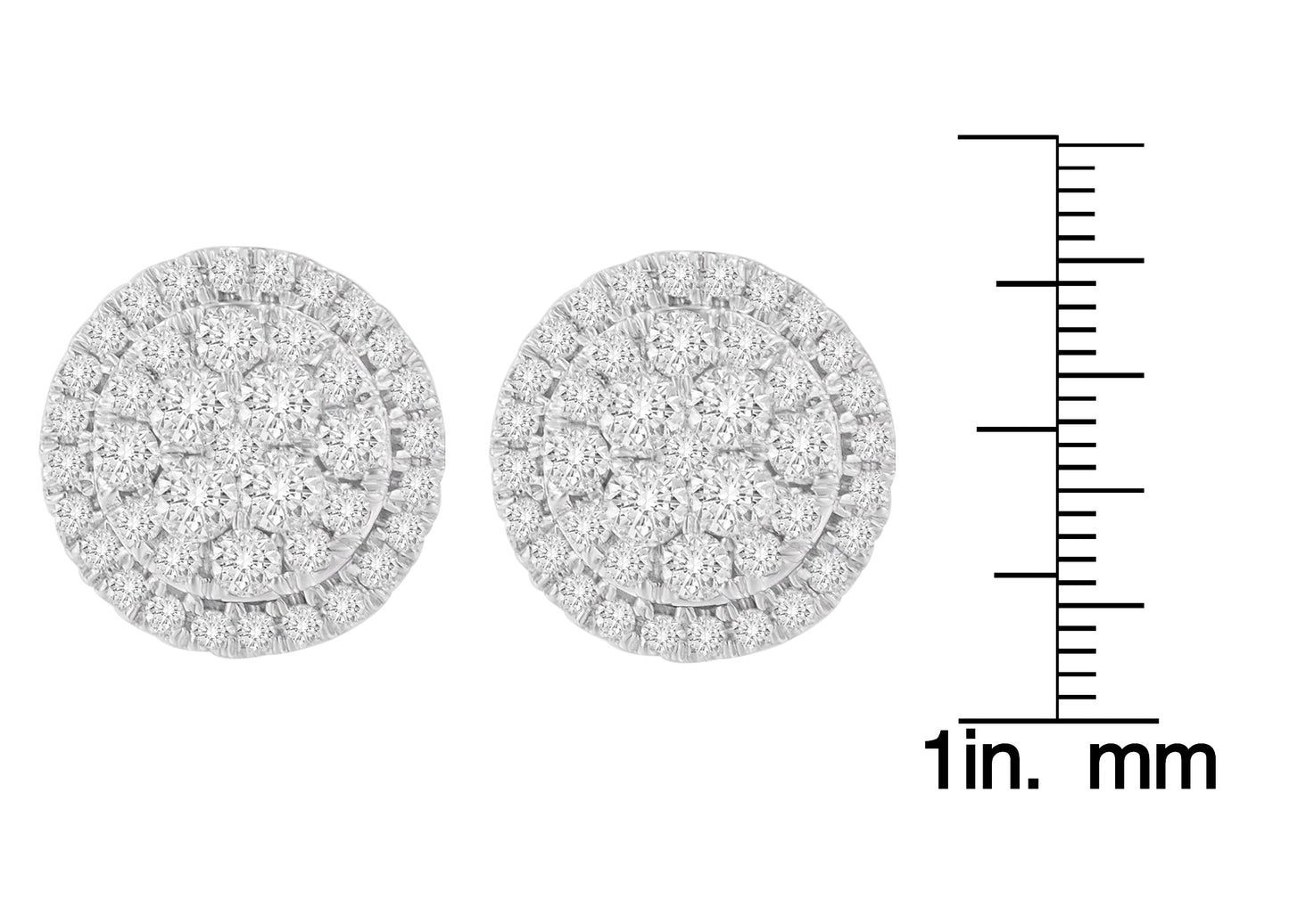 Close-up front view of round yellow metal earrings with prong-set white gemstones, shown next to a ruler for size reference.