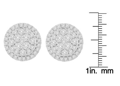Close-up front view of round yellow metal earrings with prong-set white gemstones, shown next to a ruler for size reference.