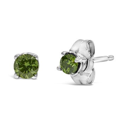 Pair of white metal stud earrings with round green gemstones in prong settings, shown from front and side angles on a white background.