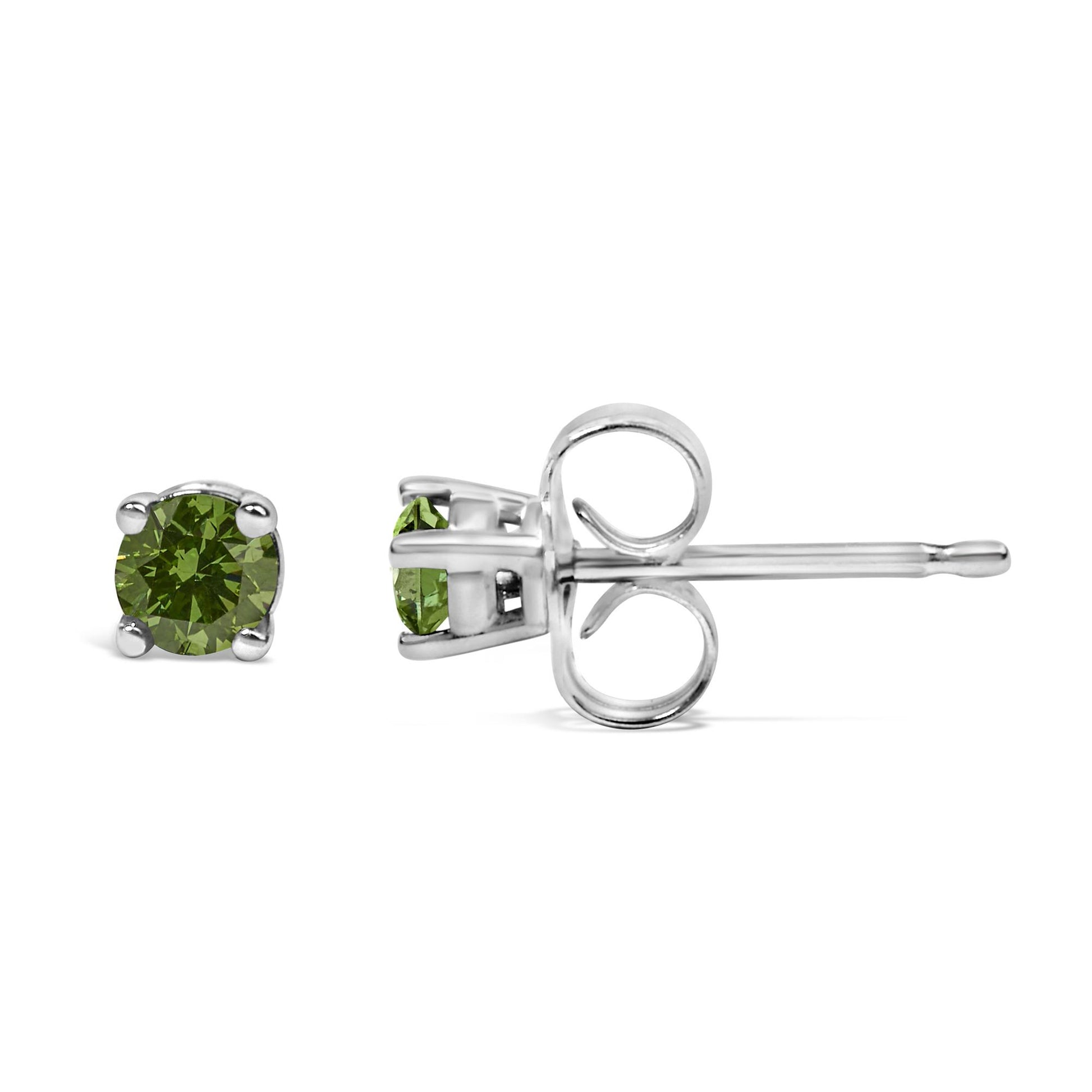 Pair of white metal stud earrings with round green gemstones in prong settings, shown in a side-by-side flat lay with front and side profile views, against white background.
