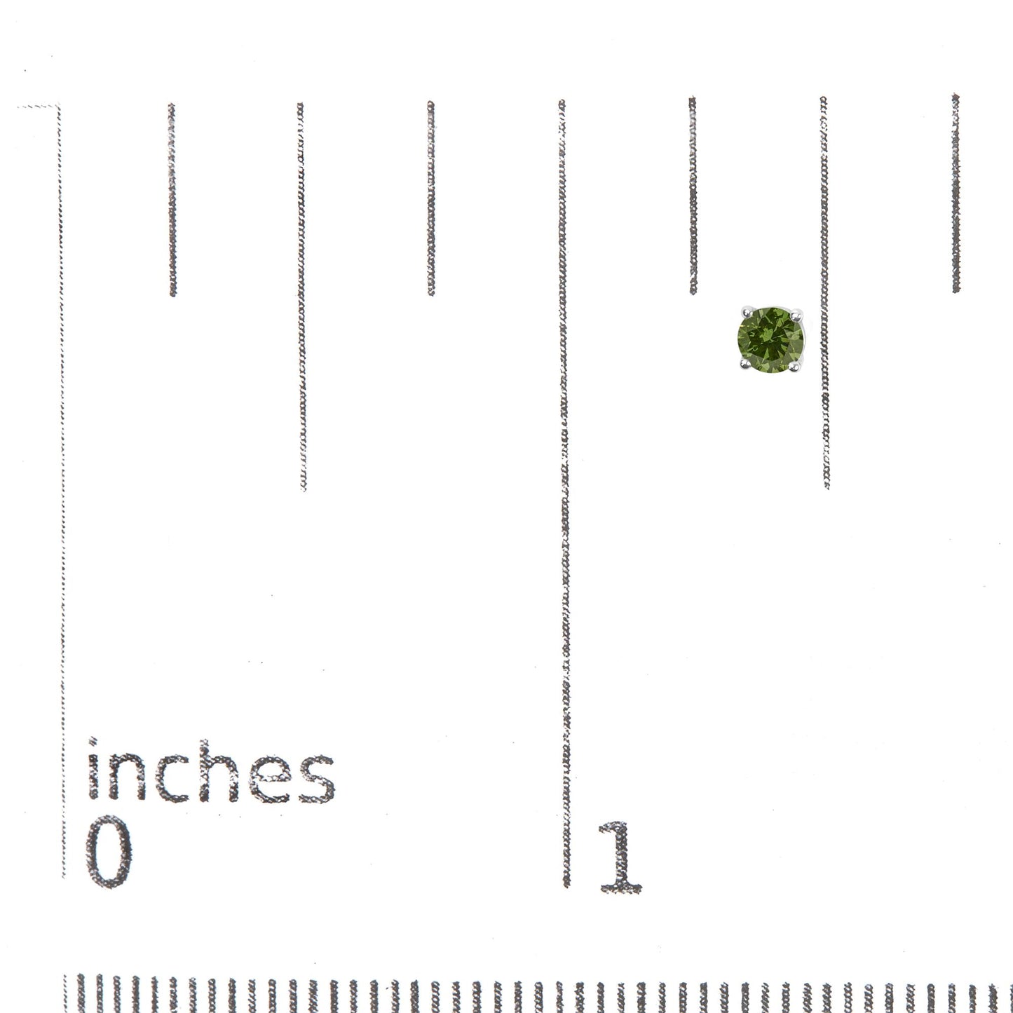 White round-shaped stud earring with a green gemstone in a prong setting, shown on a scale from 0 to 1 inch, front angle.