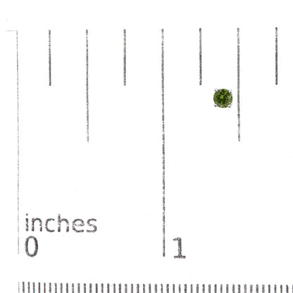 White round-shaped stud earring with a green gemstone in a prong setting, shown on a scale from 0 to 1 inch, front angle.