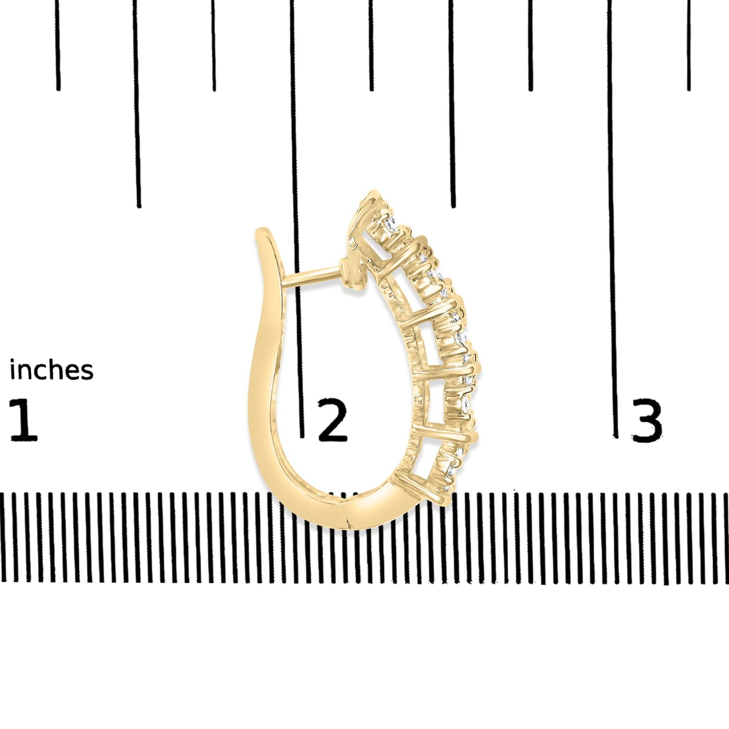 Yellow metal earring with curved arch design and prong-set round white gemstones, shown on a scale from the side angle.