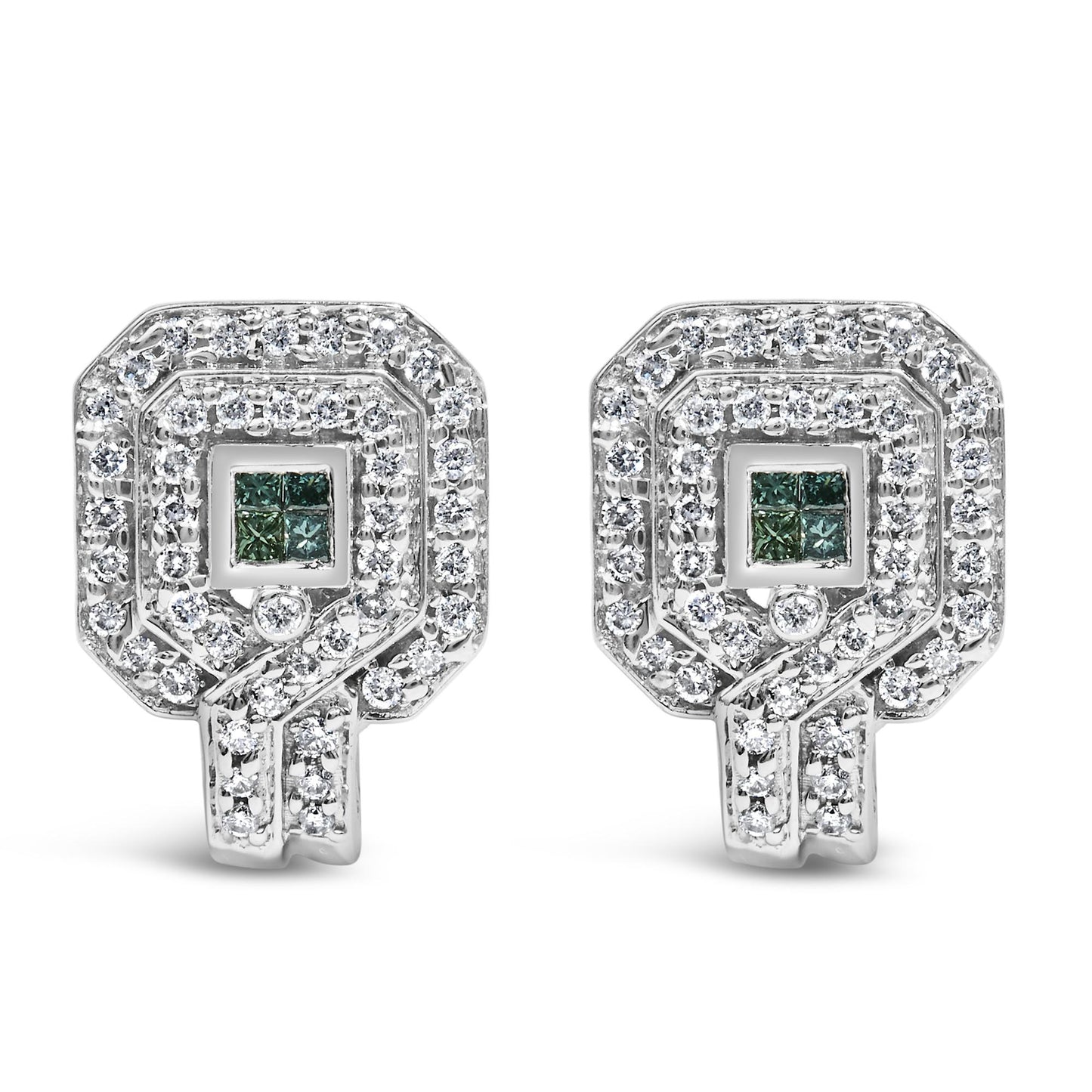 Pair of white metal earrings viewed from the front, featuring a geometric design with round white gemstones in a pave setting surrounding a cluster of blue square-shaped gemstones with an invisible setting.