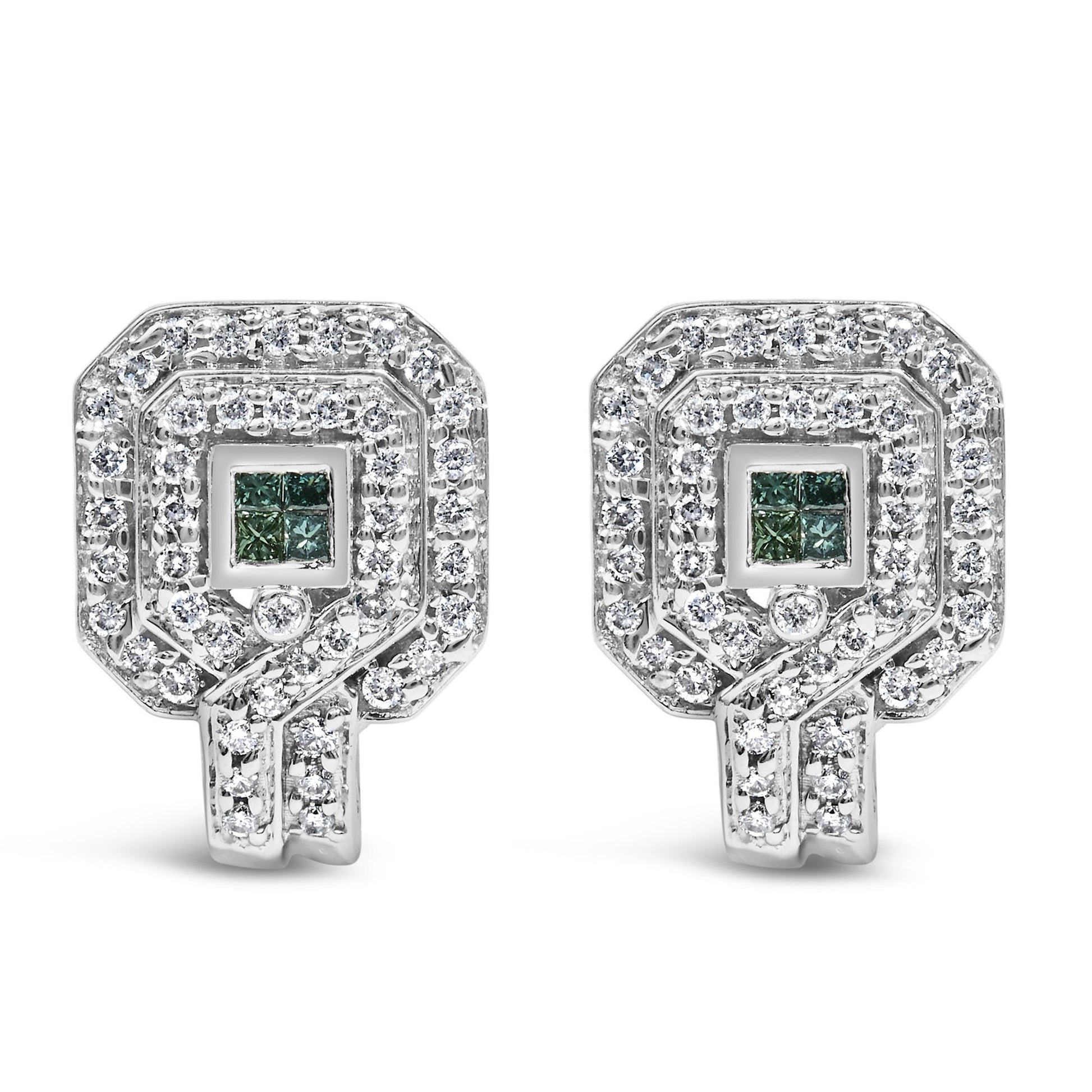 Pair of white metal earrings viewed from the front, featuring a geometric design with round white gemstones in a pave setting surrounding a cluster of blue square-shaped gemstones with an invisible setting.