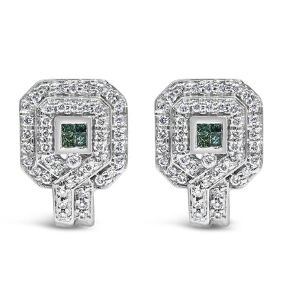 Pair of white metal earrings viewed from the front, featuring a geometric design with round white gemstones in a pave setting surrounding a cluster of blue square-shaped gemstones with an invisible setting.