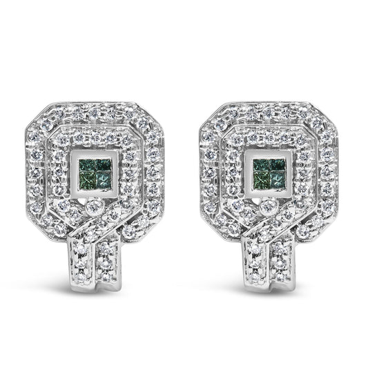 Pair of white metal earrings viewed from the front, featuring a geometric design with round white gemstones in a pave setting surrounding a cluster of blue square-shaped gemstones with an invisible setting.