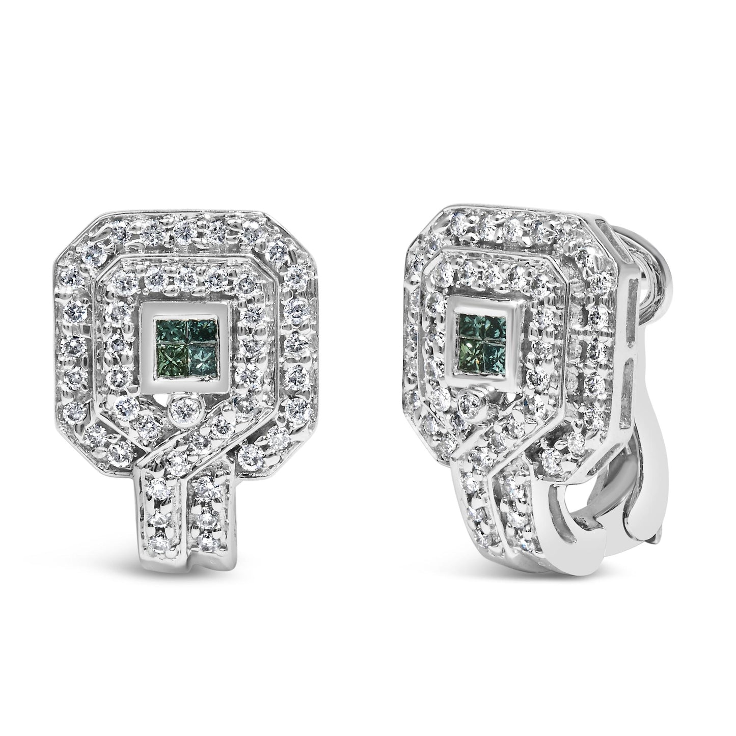 Front and side angled view of a pair of white metal earrings with round white gemstones in pave setting surrounding princess-cut blue gemstones in an invisible setting.