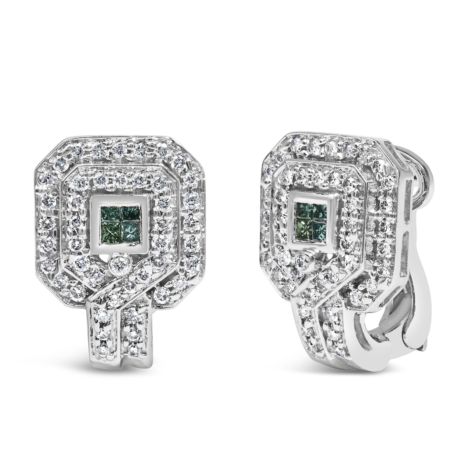 Front and side angled view of a pair of white metal earrings with round white gemstones in pave setting surrounding princess-cut blue gemstones in an invisible setting.