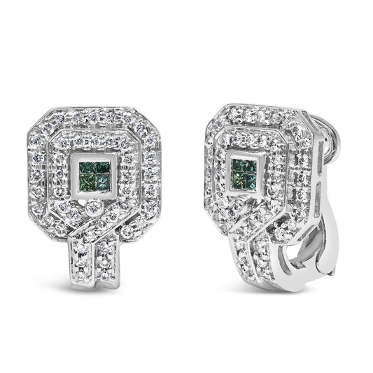 Front and side angled view of a pair of white metal earrings with round white gemstones in pave setting surrounding princess-cut blue gemstones in an invisible setting.