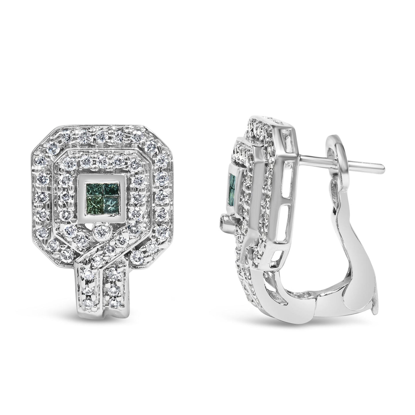 Pair of white metal earrings with pave-set round white gemstones surrounding a cluster of princess-cut blue gemstones, shown from front and side angles on a white background.