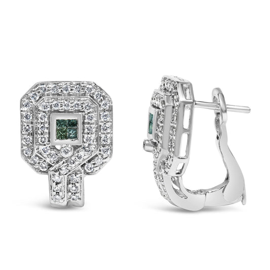 Pair of white metal earrings with pave-set round white gemstones surrounding a cluster of princess-cut blue gemstones, shown from front and side angles on a white background.