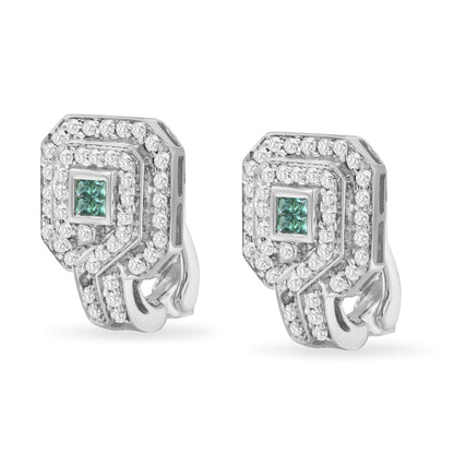 Pair of white metal earrings with a geometric design, featuring round white gemstones in a pave setting surrounding princess-cut blue gemstones in an invisible setting, shown from a front angle.