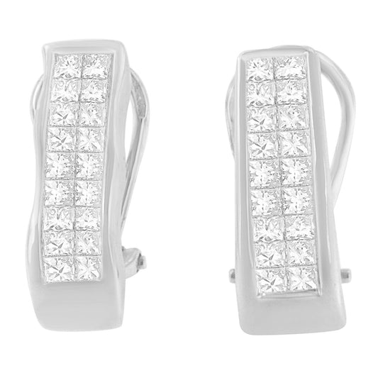 Front-facing shot of a pair of white metal earrings with a vertical row of small, square white gemstones in an invisible setting.