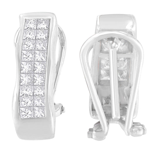 Front and back view of white metal earrings with rows of princess-shaped white gemstones in invisible setting, shot against a white background.