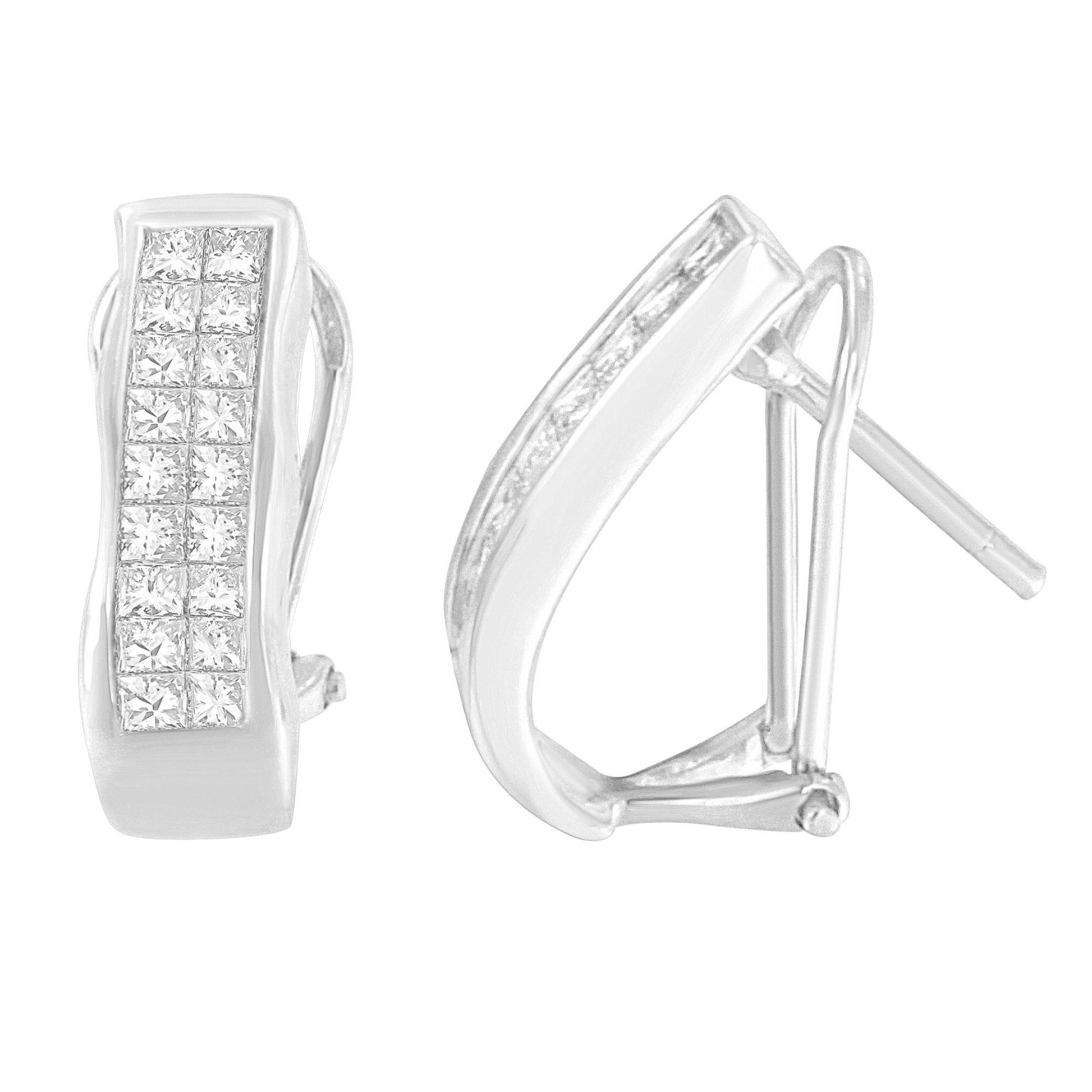 Front and side views of white metal earrings with a curved rectangular shape featuring multiple princess-shaped white gemstones in an invisible setting.